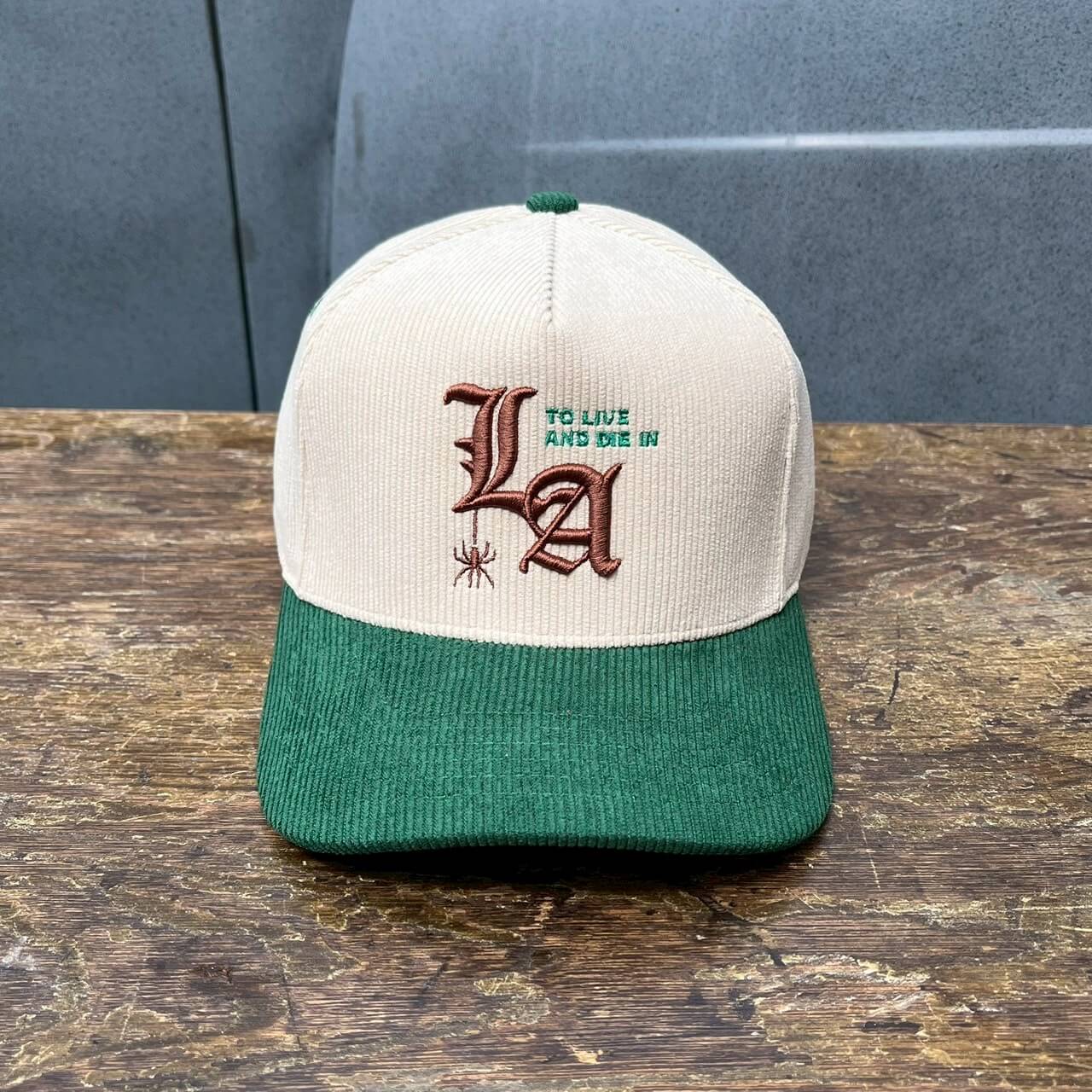 To live and Die in LA Corduroy 5 Panel Snap Back Cap　NATURAL×GREEN
