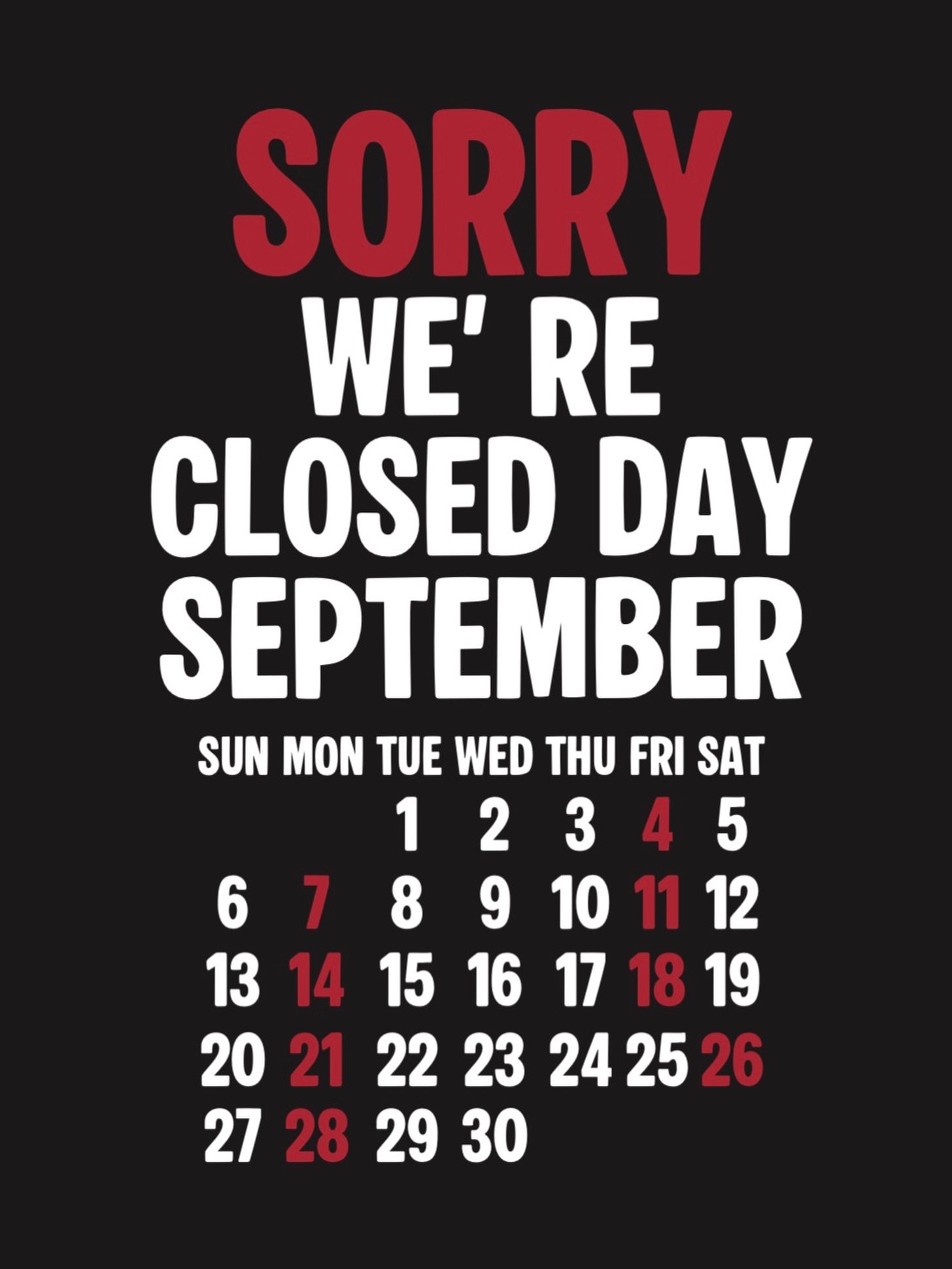 September Close Day.※赤字が店休となります。⬛︎ 営業時間 : 11:00~19:00
⬛︎ 北海道札幌市白石区北郷9条７丁目10-2
⬛︎ 駐車場有#delinquentbros
#デリンクエントブロス
#デリンクエント
#非行兄弟
#札幌